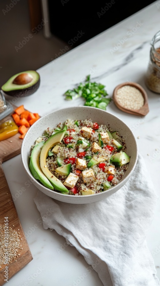 Quinoa salad with roasted tofu and fresh vegetables under soft natural light Quinoa salad with roasted tofu and fresh vegetables under soft natural light