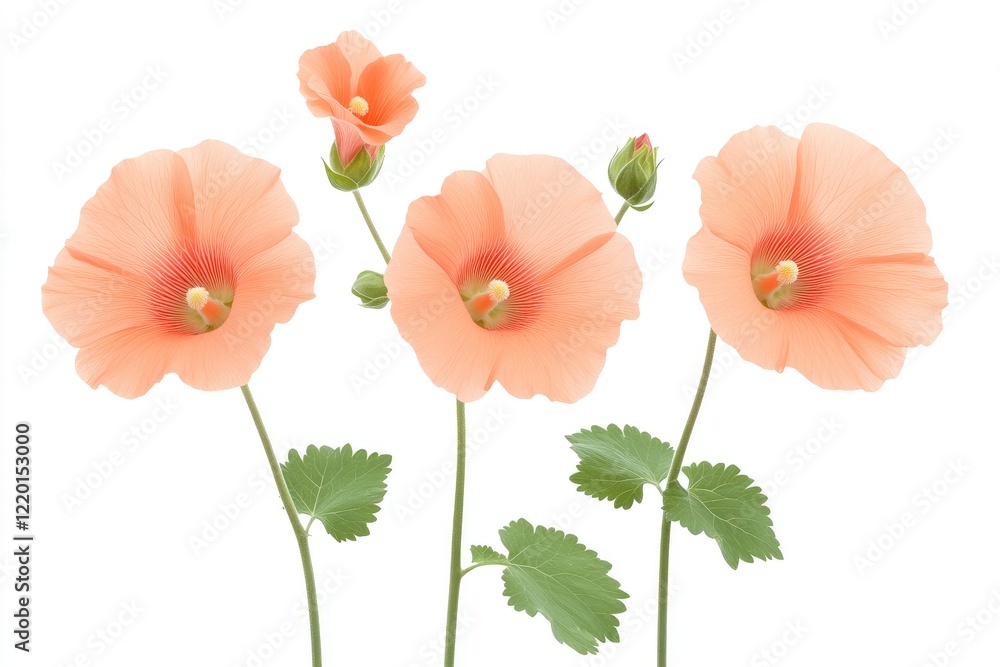 Obraz premium Delicate peach-colored flowers with green leaves arranged elegantly against a white background