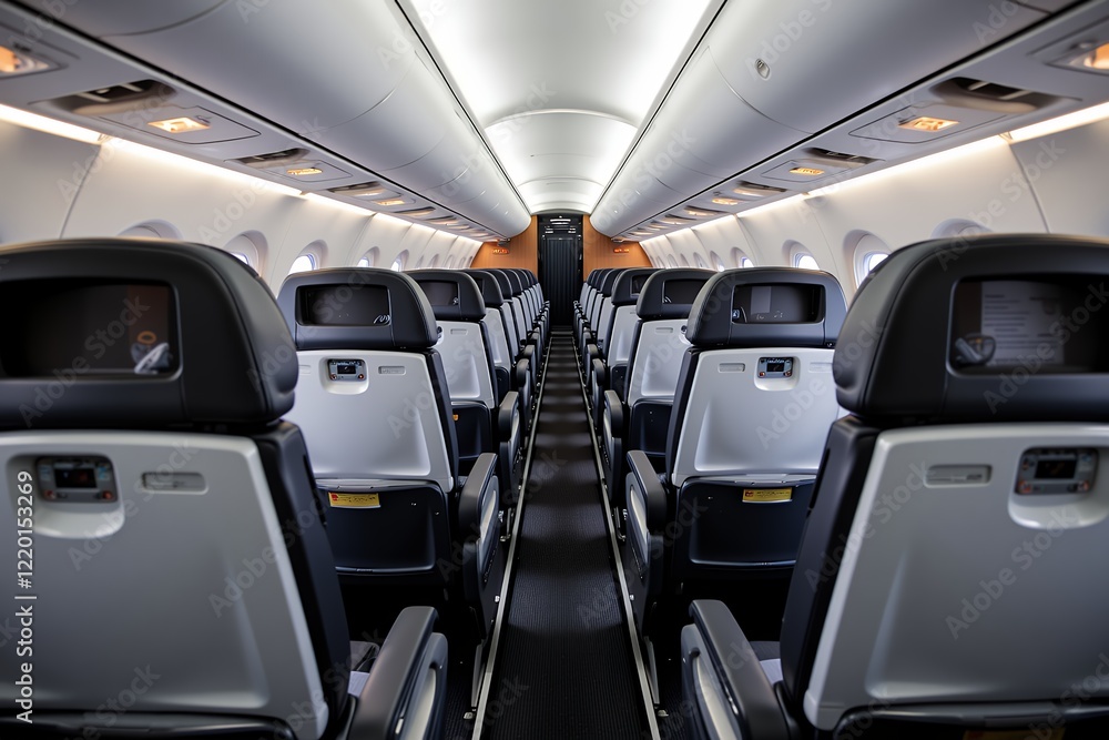 Empty Airplane Cabin Interior Rows of Modern Airline Seats Overhead Compartments Aisles Empty Airplane Cabin Interior Rows of Modern Airline Seats Overhead Compartments Aisles