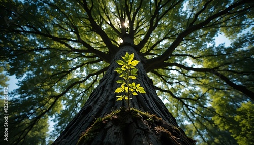 Young sapling growing from a large trees trunk