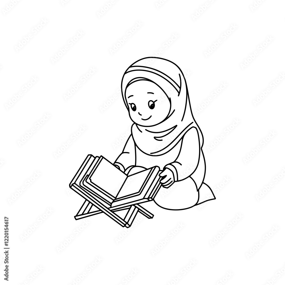 Black And White Illustration Of A Cute Muslim Girl Reading the Quran Black And White Illustration Of A Cute Muslim Girl Reading the Quran