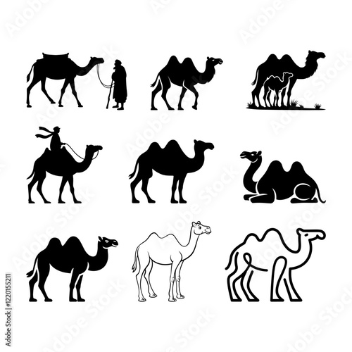 Black And White Silhouettes Of Camels In Various Poses And Styles