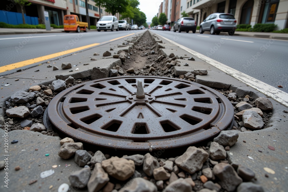 Street Repair Damaged Road Surface Manhole Cover Urban Infrastructure Construction Site Roadworks Street Repair Damaged Road Surface Manhole Cover Urban Infrastructure Construction Site Roadworks