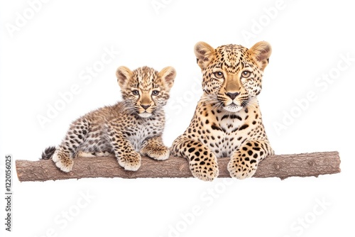 A playful baby leopard cub and its mother resting on a branch, showcasing their bond in a serene environment