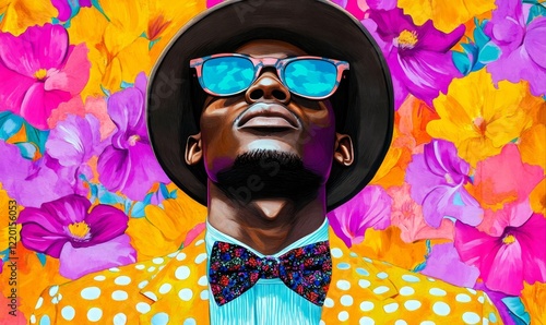 Contemporary Pop Art Portrait of Stylish Man in Floral Suit with Bold Colors on Blooming Blue Flower Background - Modern Fashion and Art Fusion Poster, Generative AI