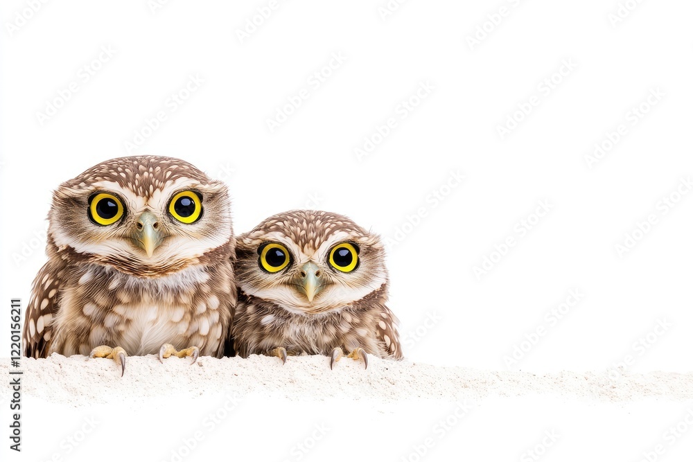 Fototapeta premium Two adorable owls with large yellow eyes perched on a sandy surface against a white background
