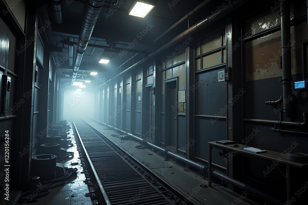 Naklejka premium Atmospheric Industrial Corridor Dark Moody Subway Tunnel with Rails and Doors