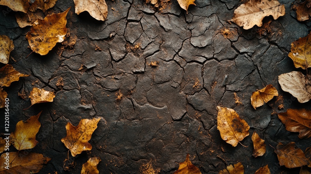 Obraz premium Autumnal Ground: Dry Cracked Earth Adorned with Fallen Golden Leaves