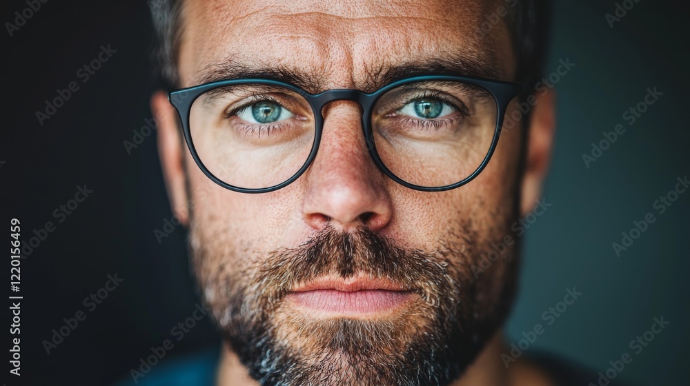 Close-Up Portrait of a Thoughtful Man with Glasses and Beard in Soft Lighting Close-Up Portrait of a Thoughtful Man with Glasses and Beard in Soft Lighting