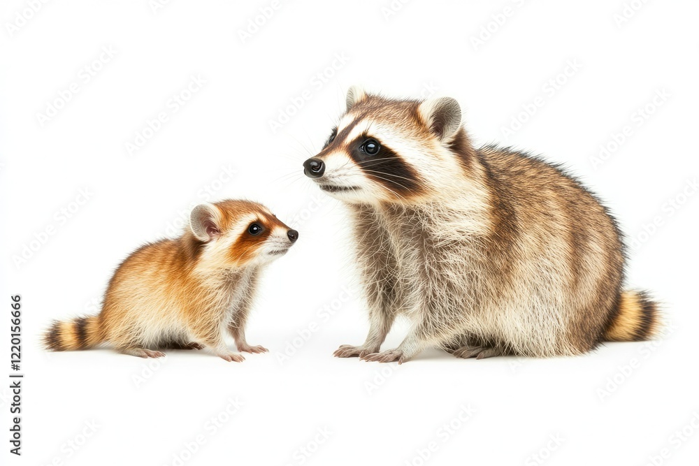 A playful baby raccoon curiously gazes at its mother in a bright, white studio setting A playful baby raccoon curiously gazes at its mother in a bright, white studio setting