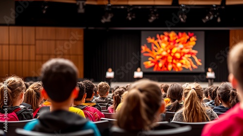 Students watch presentation, auditorium, large screen, art photo