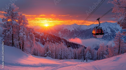Majestic Sunset over Snowy Alps with Cable Car