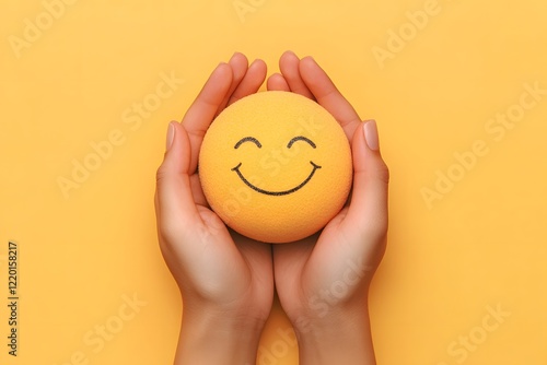 Hands Holding Smiley Face Stress Ball on Yellow Background