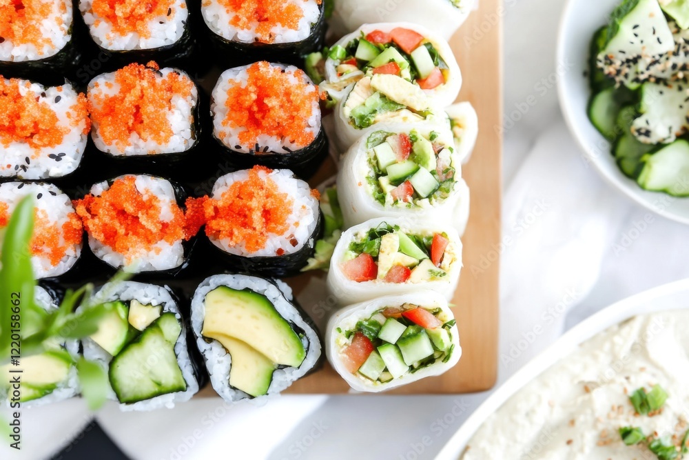 Delicious tortilla rolls featuring chicken, salmon, and hummus on a wooden board Delicious tortilla rolls featuring chicken, salmon, and hummus on a wooden board
