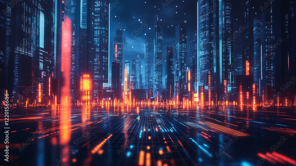 Naklejka premium Futuristic Cityscape at Night with Glowing Neon Lights