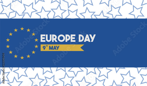 Background happy europe day horizontal banner vector flat design. Europe Day  vector banner design with Stars  on a horizontal background. Happy Europe Day modern minimalis design