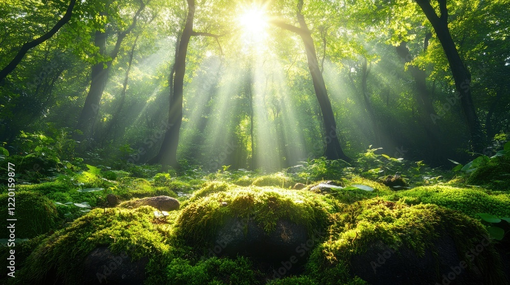 Obraz premium Sunbeams Illuminating a Lush, Mossy Forest