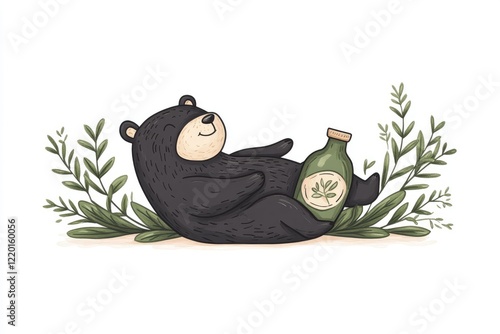 A relaxed bear lounging in a natural setting, holding a green bottle surrounded by lush greenery photo