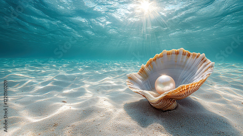 Ocean Treasure: A luminous pearl rests within a pristine seashell on a sunlit ocean floor, creating an image of rarity, elegance, and underwater serenity. 