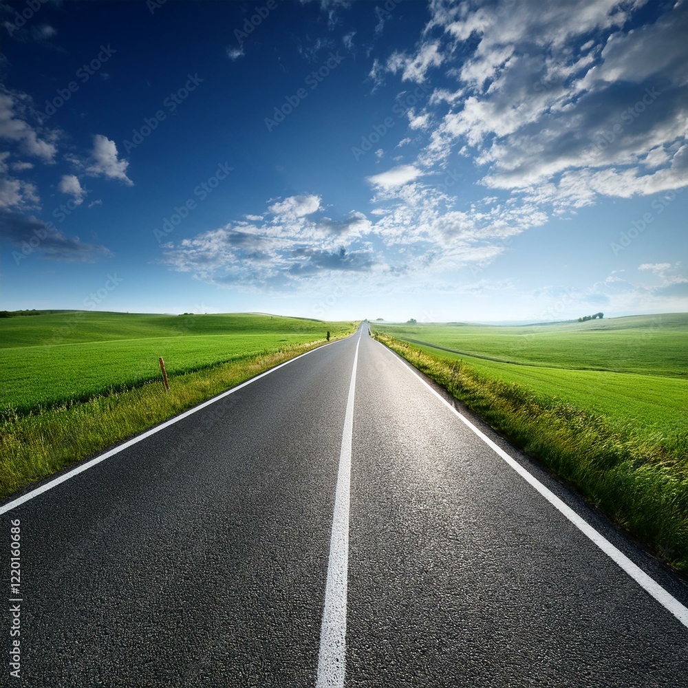 Endless road along green grassland background summer outdoors Endless road along green grassland background summer outdoors