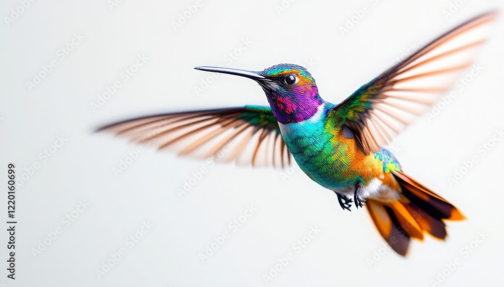 Fototapeta premium Vibrant Hummingbird in Flight Against a Crisp White Background