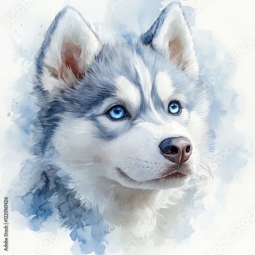 Portrait of a beautiful husky dog with striking blue eyes against a soft watercolor background