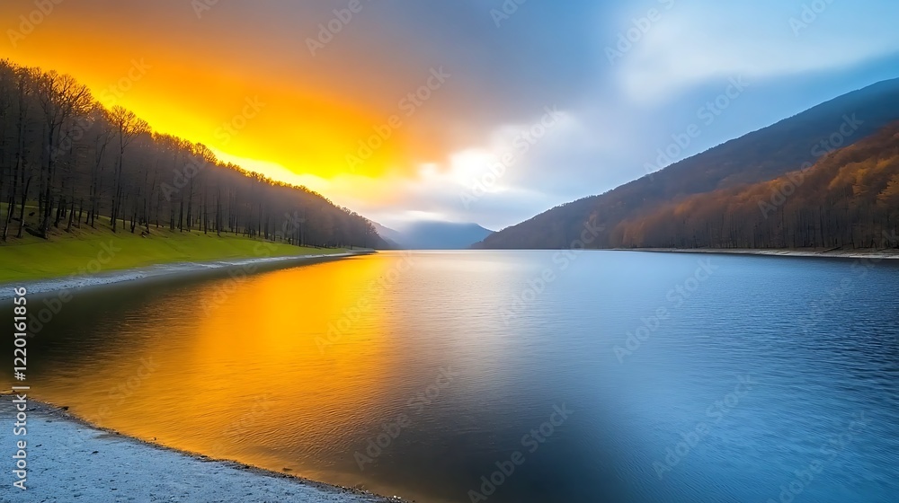 Fototapeta premium Sunrise over mountain lake, calm water reflects colors