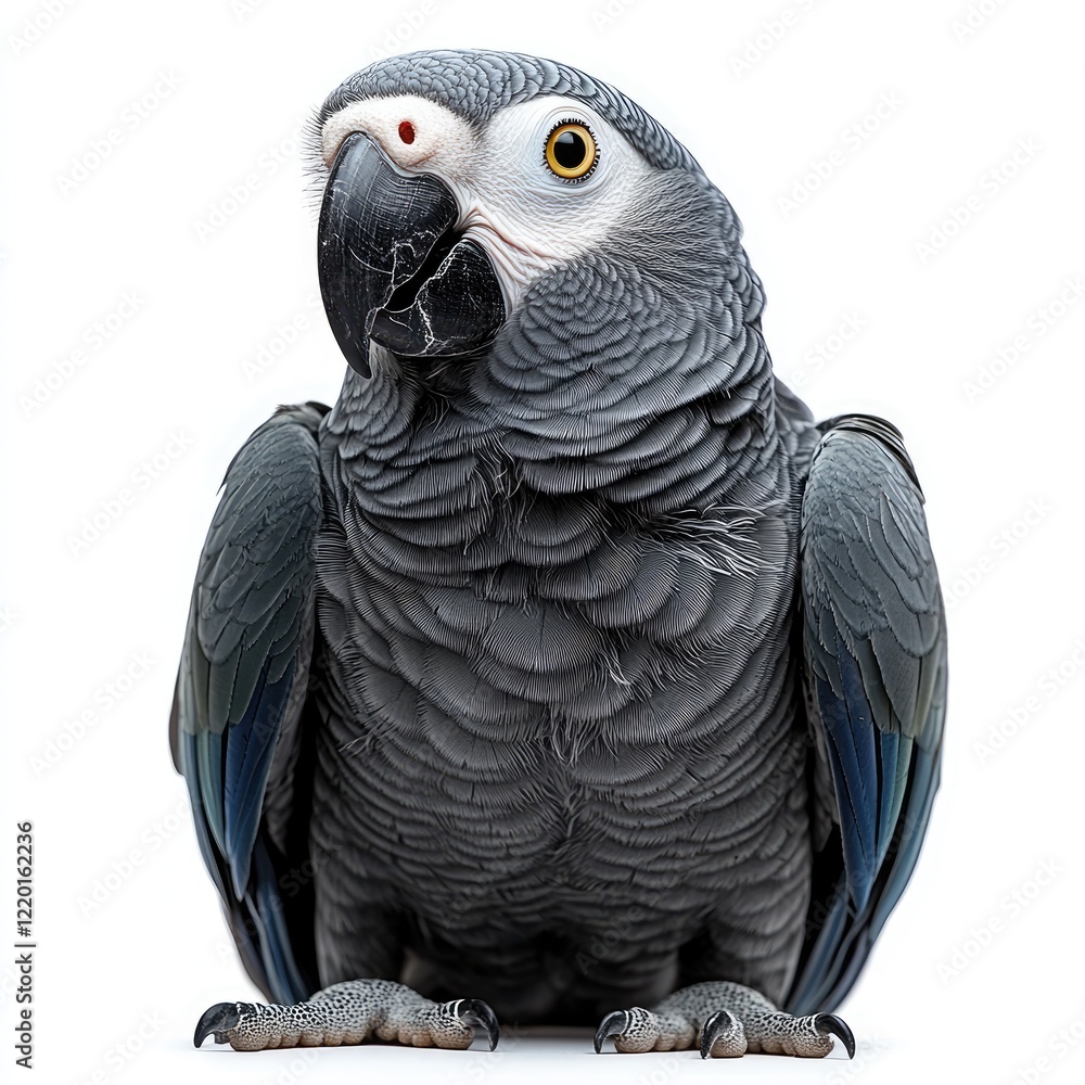 Fototapeta premium A majestic gray parrot perched elegantly, showcasing its vibrant feathers against a plain backdrop
