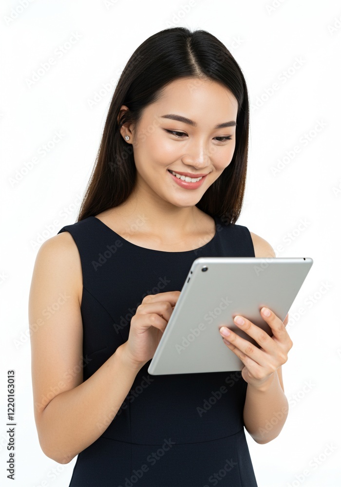 a young asian girl woman is holding a tablet with a happy face . a business woman . Ai generative a young asian girl woman is holding a tablet with a happy face . a business woman . Ai generative