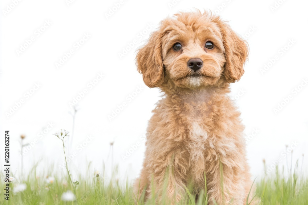 Adorable fluffy puppy sitting in a grassy field, with soft flowers and a bright, cloudy sky in the background Adorable fluffy puppy sitting in a grassy field, with soft flowers and a bright, cloudy sky in the background