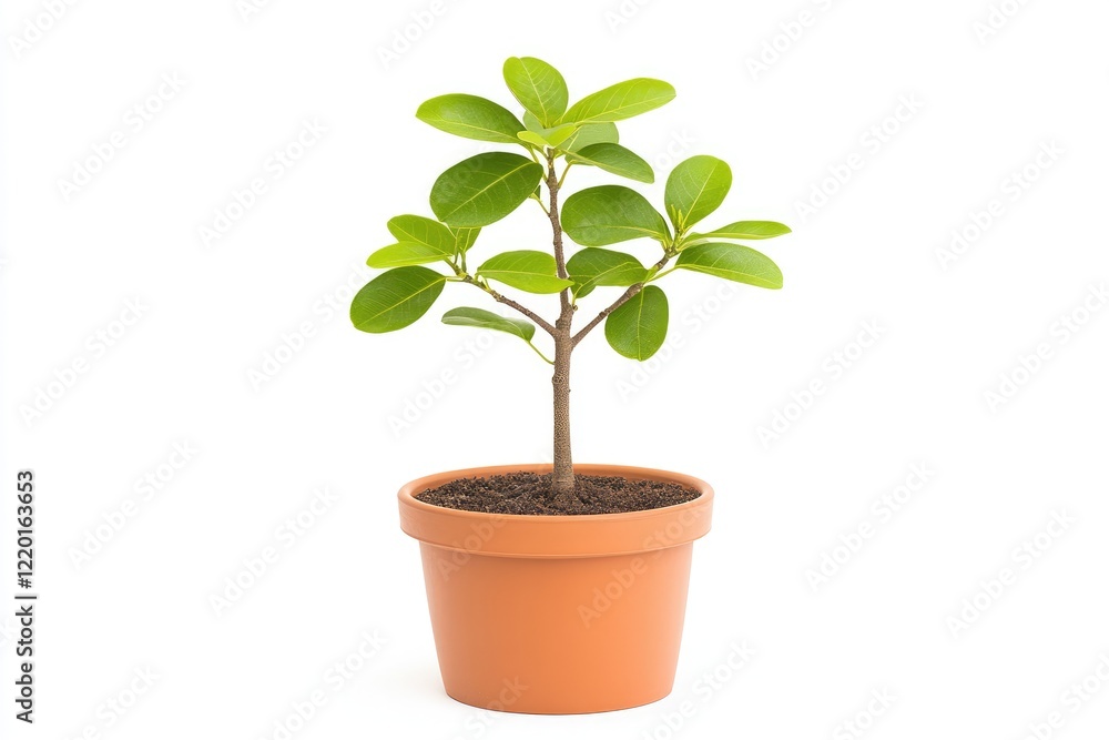 A small potted plant with vibrant green leaves sitting on a clean, white background, symbolizing growth and tranquility A small potted plant with vibrant green leaves sitting on a clean, white background, symbolizing growth and tranquility