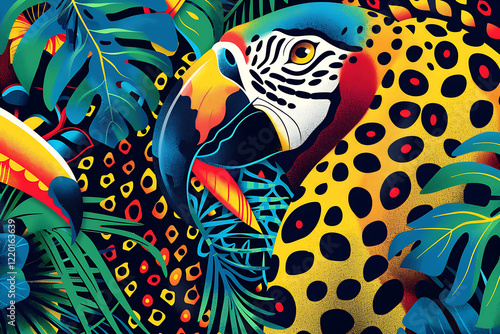 brazilian wildlife print, create an animal print honoring brazils wildlife, mixing jaguar, blue macaw, and toucan elements in an abstract pattern use bold colors for a modern, daring look with photo