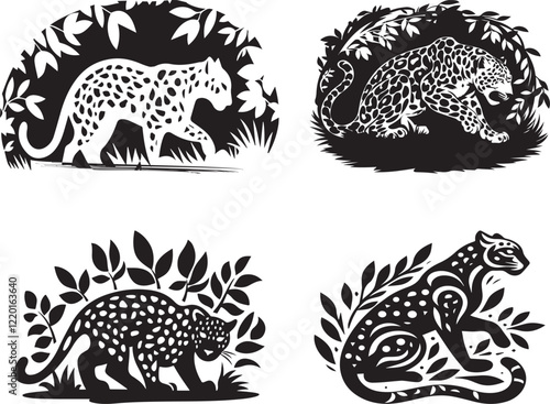 Vector Bundle of Jungle Leopards: Elegant black and white leopard artwork collection for creatives. Bring jungle charm to designs with bold, unique illustrations.