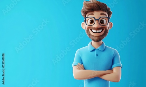 Cheerful Smiling Cartoon Man with Glasses in Blue Shirt, 3D Character Portrait, Happy Expression Concept, Generative AI
