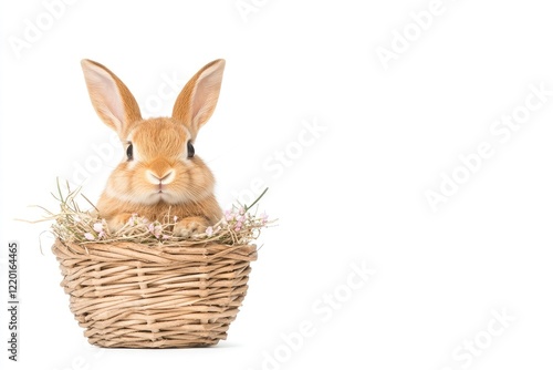 A cute rabbit sitting in a woven basket filled with flowers and hay, set against a clean white background