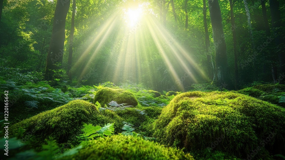 Fototapeta premium Sunbeams Illuminating a Mossy Forest Floor