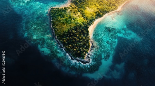 Fototapeta Naklejka Na Ścianę i Meble -  An aerial shot capturing the beauty of an isolated tropical island surrounded by a vibrant coral reef, showcasing the contrasting colors of the land and ocean, creating a tropical paradise.