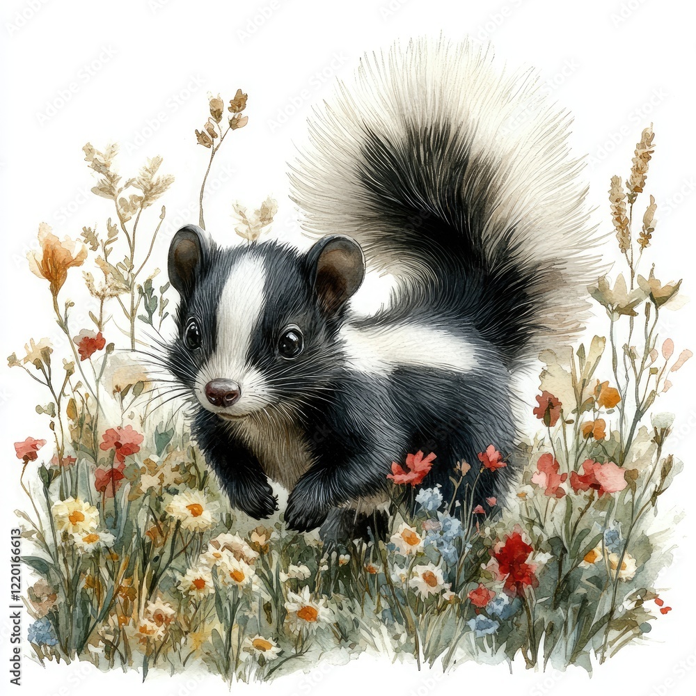 Adorable skunk exploring a vibrant field of wildflowers, showcasing nature's beauty and wildlife interaction Adorable skunk exploring a vibrant field of wildflowers, showcasing nature's beauty and wildlife interaction