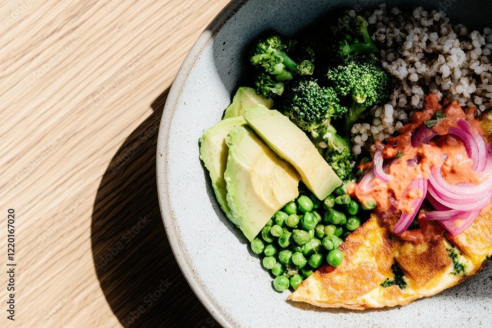 Rustic tofu omelet with fresh vegetables on a wooden table Rustic tofu omelet with fresh vegetables on a wooden table