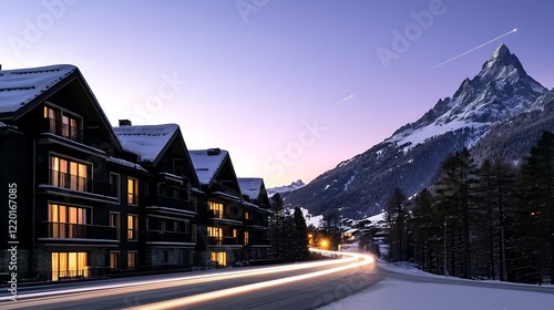 Swiss Alps chalet village twilight road