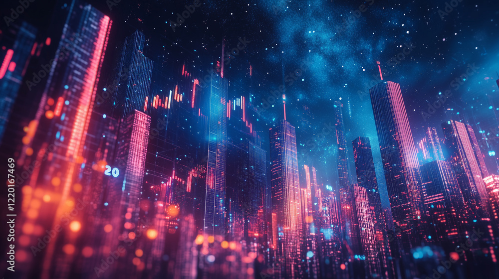Fototapeta premium Glowing Cityscape at Night, with Starry Sky and Data Visualization
