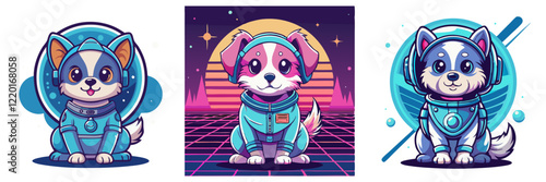 Three cute cartoon dogs dressed as astronauts in different retro-futuristic styles.Space set of 80's style children's space characters in neon colors