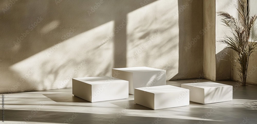 Minimalist white cubes on neutral floor with sunlit shadows. Minimalist white cubes on neutral floor with sunlit shadows.