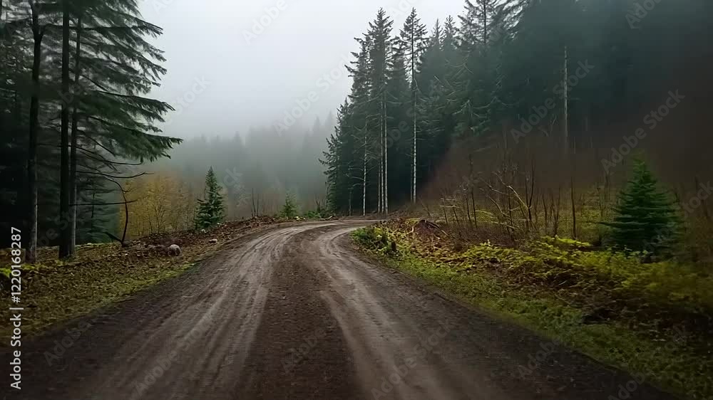 Foggy Forest Road Winding Through Evergreen Trees Foggy Forest Road Winding Through Evergreen Trees