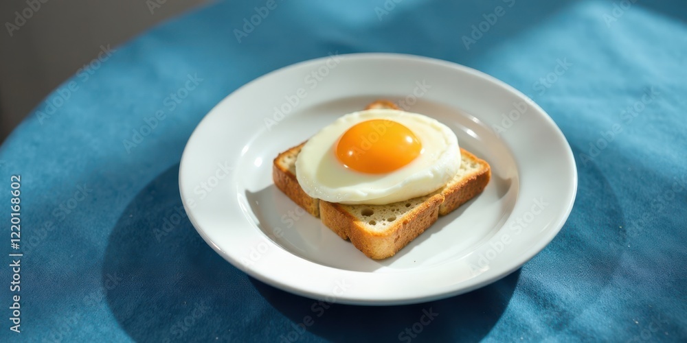 A perfectly fried egg sunny-side up atop a slice of toasted bread, served on a pristine white plate, rests on a textured blue surface. A perfectly fried egg sunny-side up atop a slice of toasted bread, served on a pristine white plate, rests on a textured blue surface.