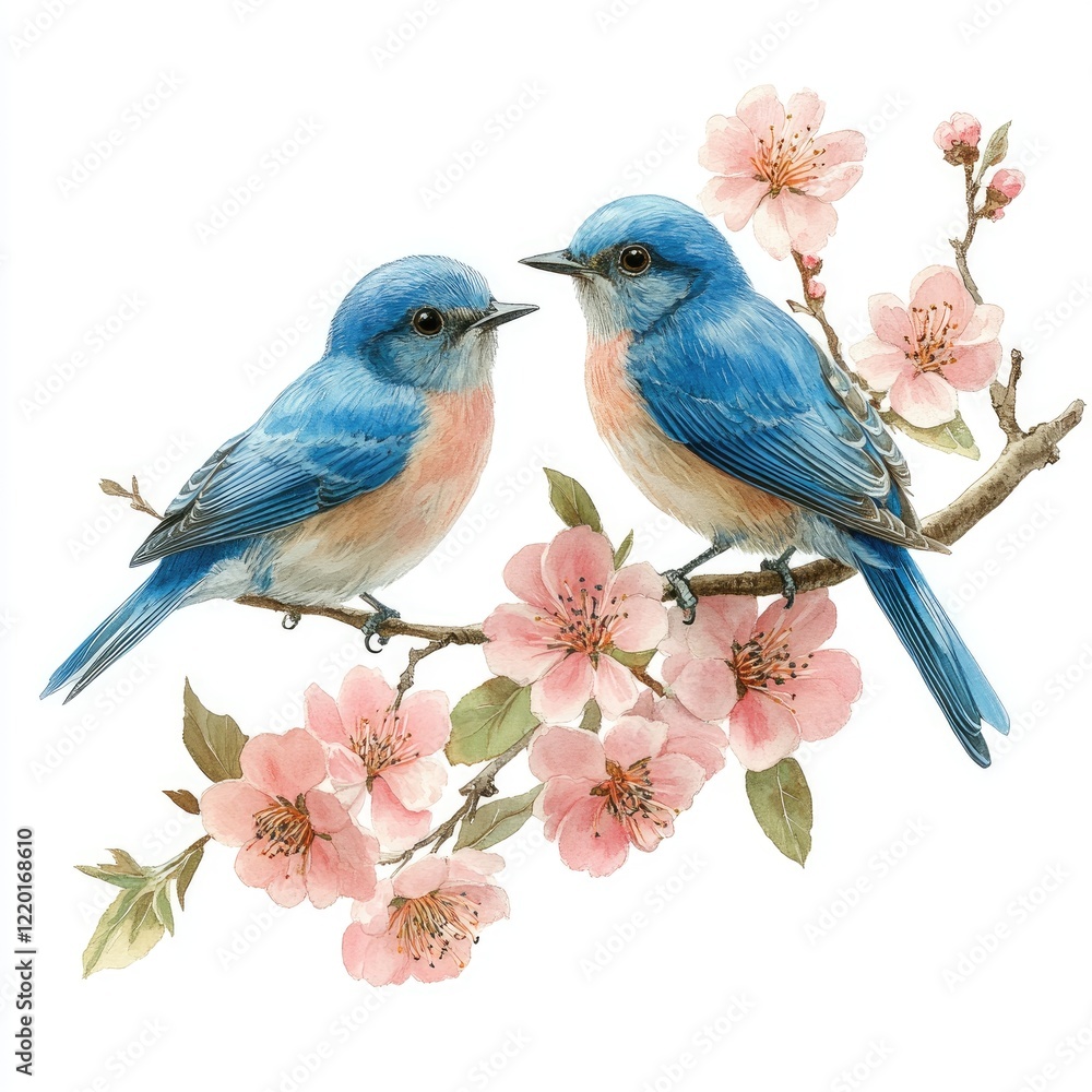 Two vibrant bluebirds perched on a blossoming branch, surrounded by delicate pink flowers in a serene setting