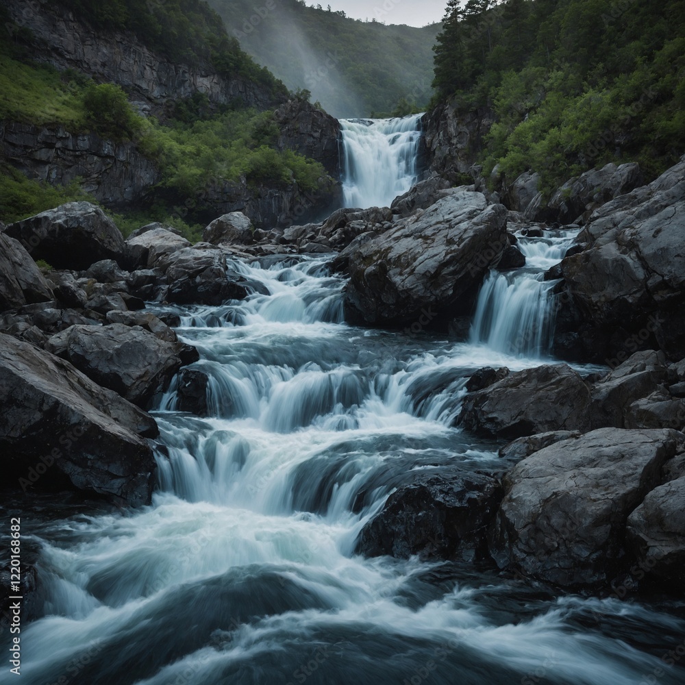 Write about the sound of water crashing on rocks below a waterfall from a distance. Write about the sound of water crashing on rocks below a waterfall from a distance.