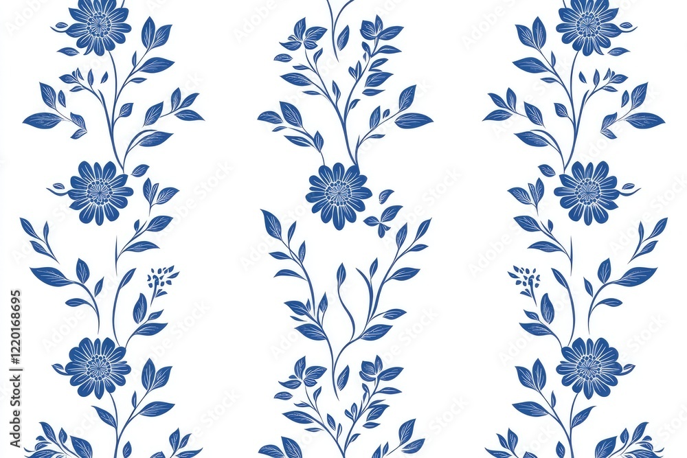 Elegant blue floral pattern with intricate leaves and blossoms on a clean white background, ideal for textiles Elegant blue floral pattern with intricate leaves and blossoms on a clean white background, ideal for textiles