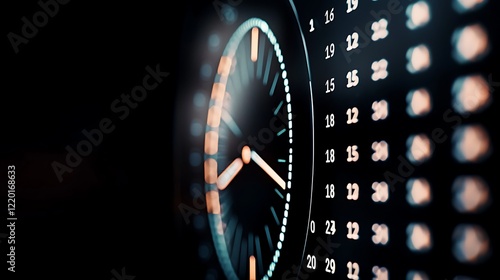 Time management, data visualization, clock, numbers, dark background, business concept photo