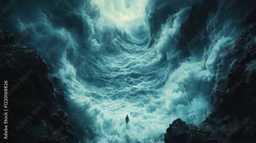 A Solitary Figure Contemplates the Immense Power of Nature's Fury, a Dramatic Seascape of Enormous Waves Crashing Against Rugged Cliffs A Solitary Figure Contemplates the Immense Power of Nature's Fury, a Dramatic Seascape of Enormous Waves Crashing Against Rugged Cliffs